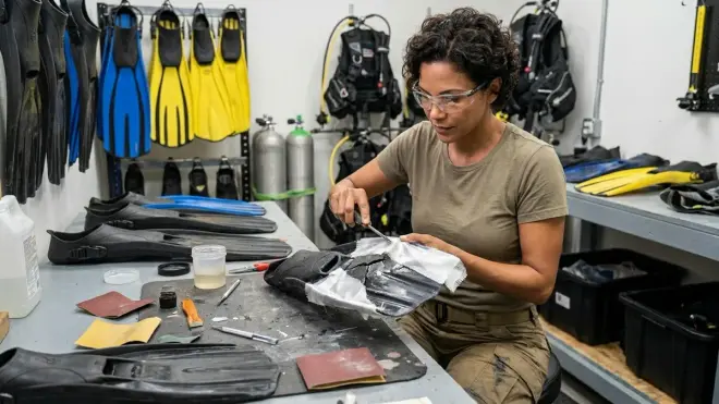 Can you repair damaged scuba fin blades, and does material matter?