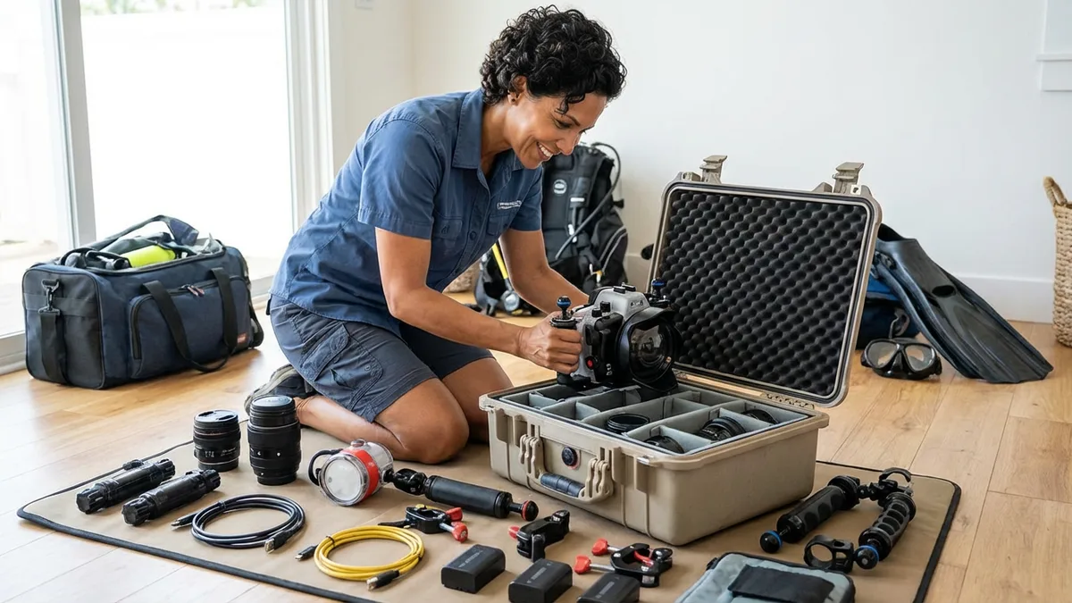 How do I organize my underwater camera gear for dive travel?
